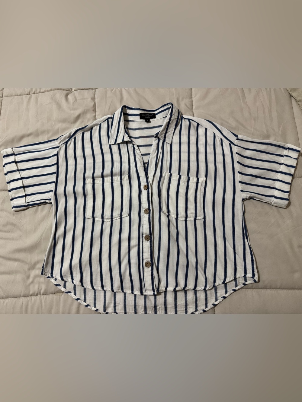 Velvet Heart White Button-Front Shirt with Navy Stripes